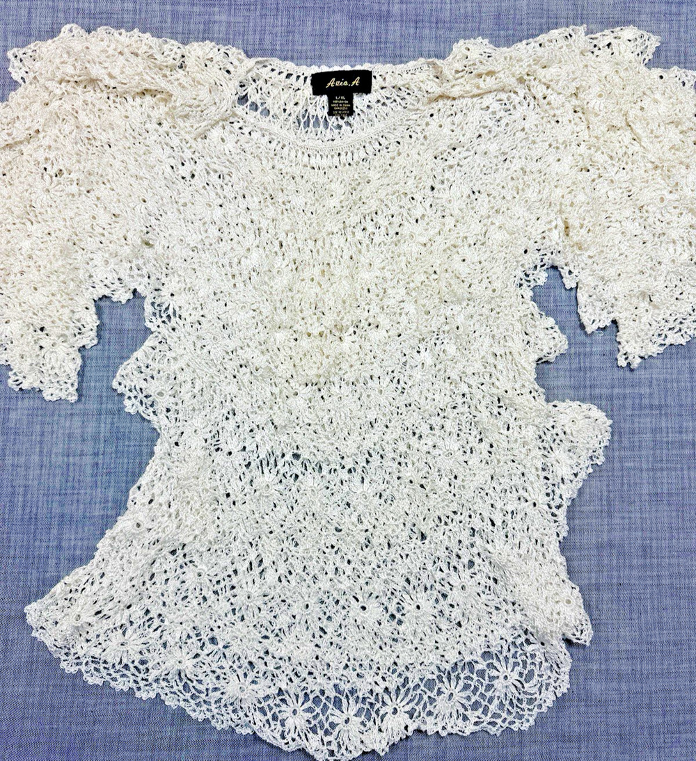 Aria A Crochet Lace Ribbon Knit Top Cream White Boho Whimsigoth Fairy L XL